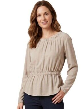 Gróa NWT 100% Silk Beige Round Neck/ Waist Long Sleeve Blouse Size M EU 40